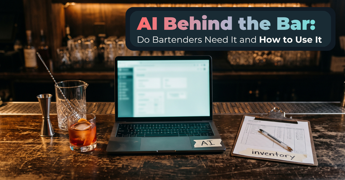 An open laptop with a tape label reading AI and a clipboard labelled inventory on a wooden bar, next to a jigger, a mixing glass and a Negroni, with the headline AI Behind the Bar: Do Bartenders Need It and How to Use It.