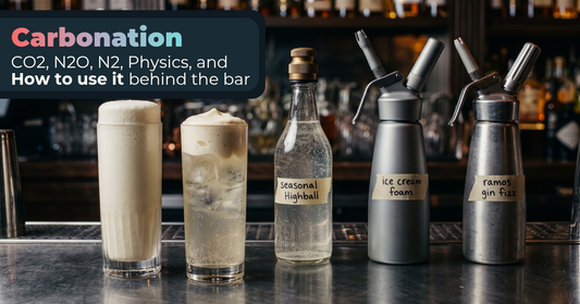 A bar scene with several dispensers and foam glasses on a counter. A dark text banner at the top left reads 'Carbonation CO2, N2, N2, Physics, and How to use it behind the bar.