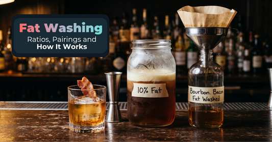 A glass jar of bourbon with a frozen fat cap labelled fat wash and a bottle with a paper filter labelled 10% on a wooden bar next to a jigger and an Old Fashioned, with the headline Fat Washing Behind the Bar: Ratios, Pairings and How It Works.