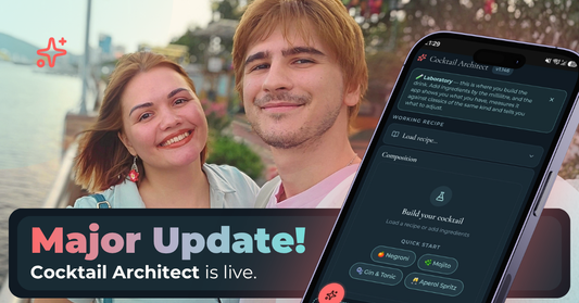 Oleg Volovei and Nia Nova, the founders of That Bartender Project, next to a phone showing the Cocktail Architect Laboratory, with the headline: Major Update! Cocktail Architect is live.
