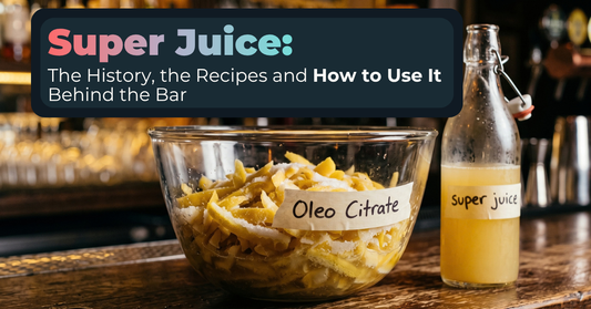 A clear bowl of lemon peel coated in acid labelled Oleo Citrate and a clip-top bottle labelled super juice on a bar, with the headline Super Juice: The History, the Recipes and How to Use It Behind the Bar.