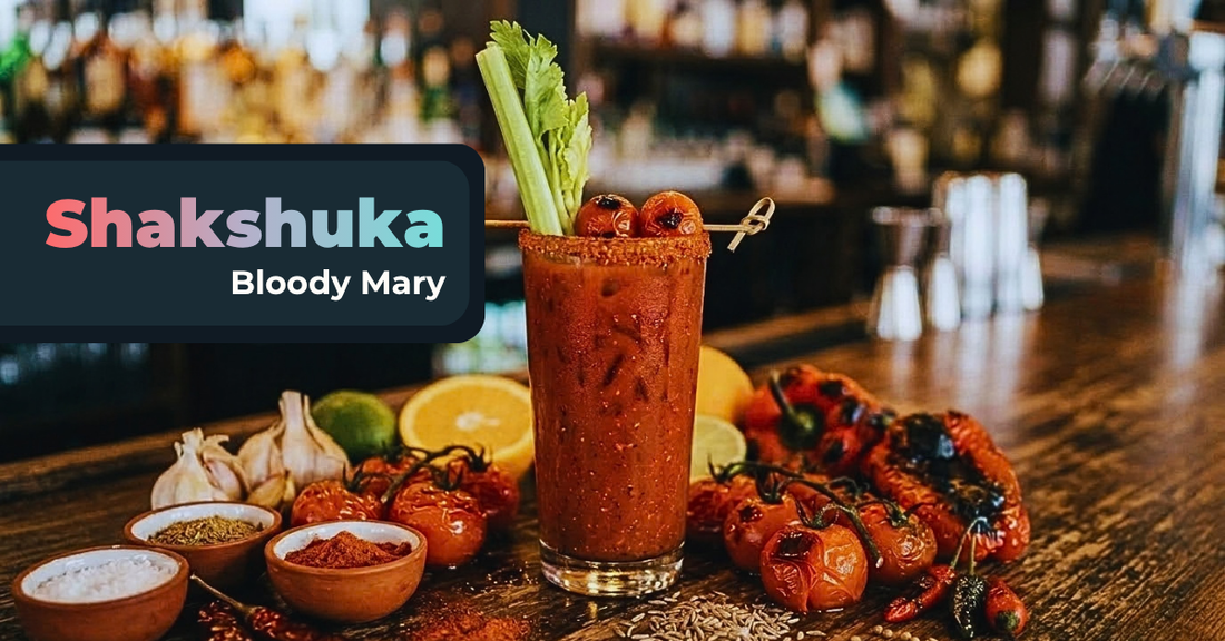 A Shakshuka Bloody Mary in a highball with celery and roasted tomatoes, surrounded by peppers, garlic, citrus and spices, with the headline Shakshuka Bloody Mary.