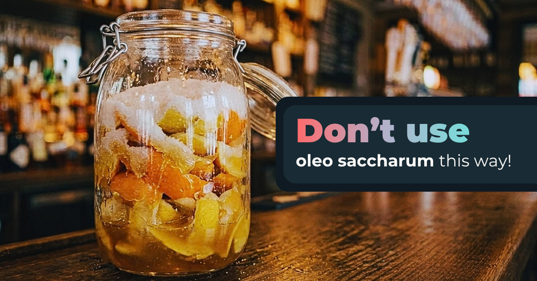 A clip-top jar of citrus peel layered with sugar, turning into oleo saccharum syrup, with the headline Don't use oleo saccharum this way!