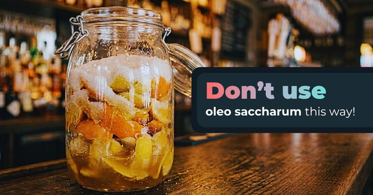 A clip-top jar of citrus peel layered with sugar, turning into oleo saccharum syrup, with the headline Don't use oleo saccharum this way!
