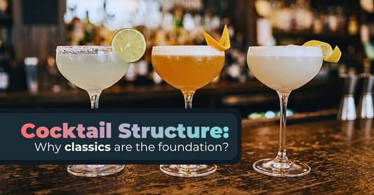 A Margarita with a salt rim, a Sidecar and a White Lady in coupes on a bar, with the headline Cocktail structure: why classics are the foundation.